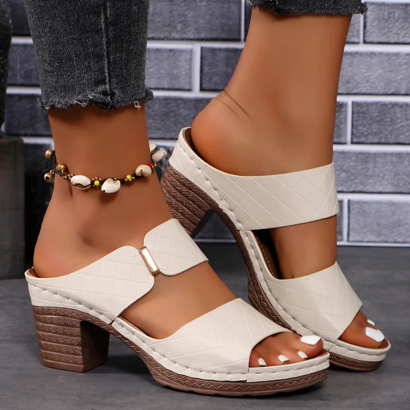 Women Summer Lightweight Hollow Sandals High Heels Dress Chunky Open Toe Slippers Female 2024 Casual Slingback Slides Shoes 250317