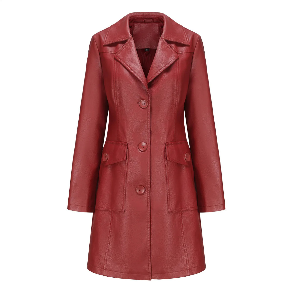 Red Long Waist Laceup Leather Jacket Womens Longsleeved Lapel PU Windbreaker Fashion Female Singlebreasted Overcoat 250319