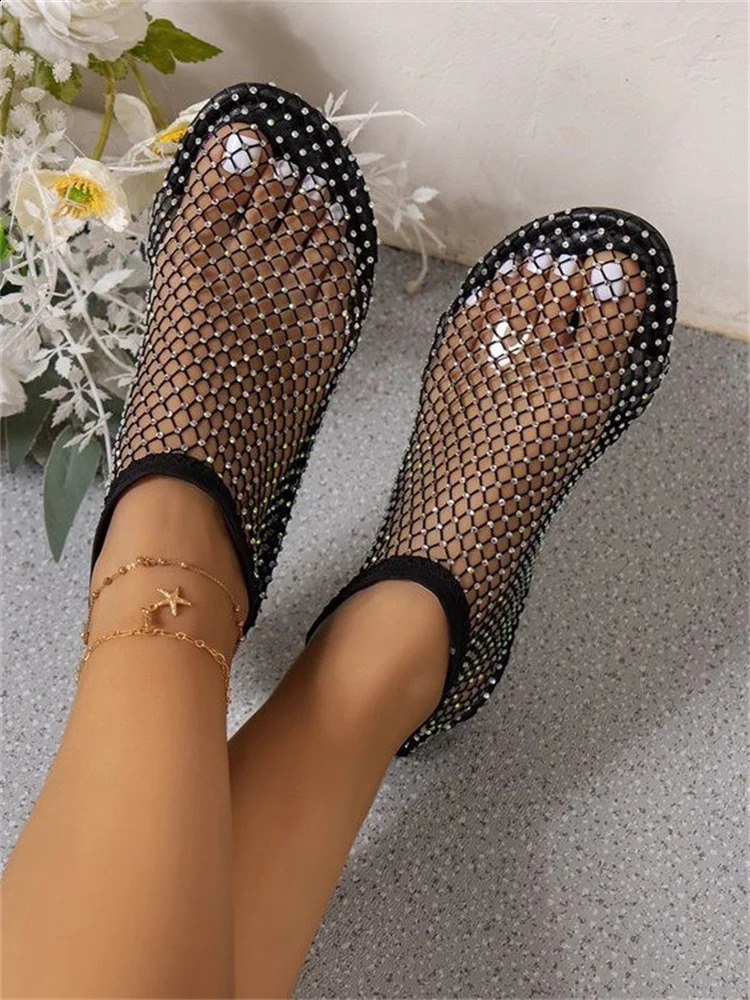 Msfilia Round Toe Sandals With Hollowed Out Internet Famous Diamond Studded Short Boots Summer Sexy Plus Size Flat Shoes 250317