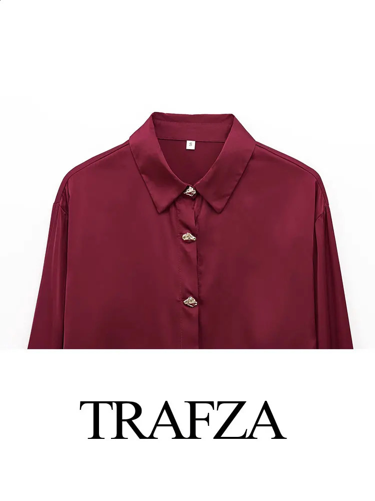 TRAFZA Womens 2025 Spring Elegant Silk Satin Wine Red Shirt Long Sleeve Solid Collar Metal Chest Office Fashion 250319