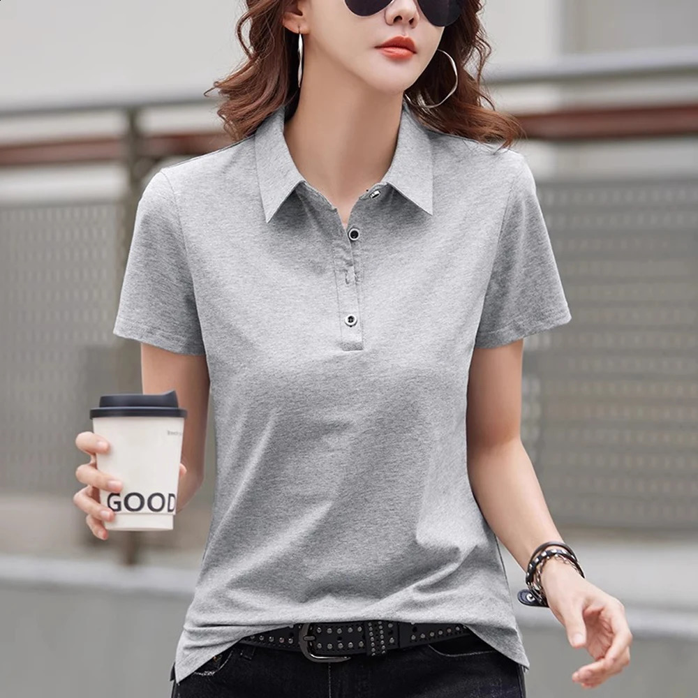 Korean version purple pure cotton lapel short sleeved t-shirt womens summer outfit polo collar loose casual sports top 250318