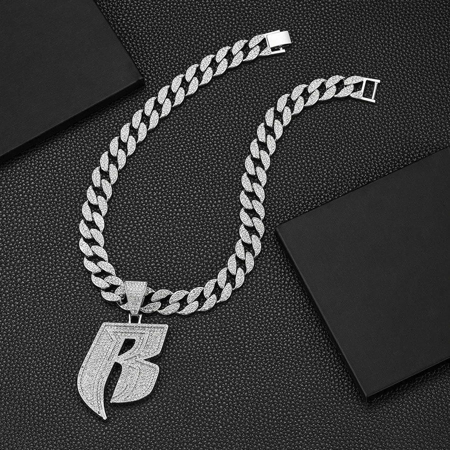15MM Iced out miami chain with Alloy and bling rhinestone punk B letter pendant necklace 250313