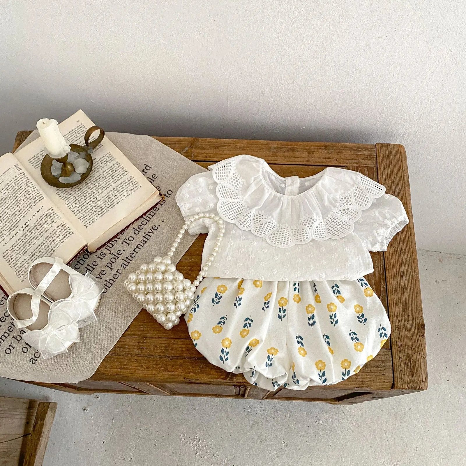 Summer Baby Girl Trend Sweet All Solid Color Large Lace Collar Embroidered Small Flower Bubble Short Sleeve Shirt Bottom 250319