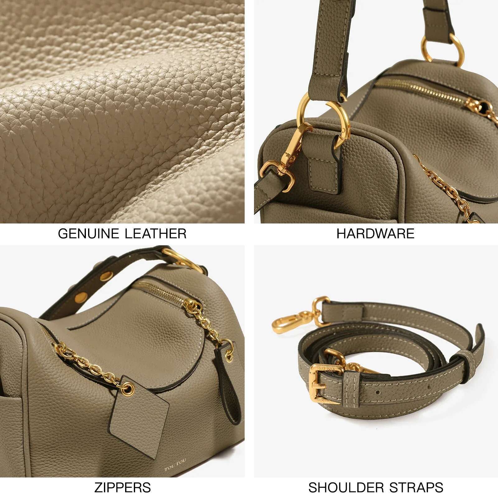 TOUTOU Quilted Genuine Leather Handbag T Print Large Capacity Crossbody With Removable Shoulder Strap Bag
