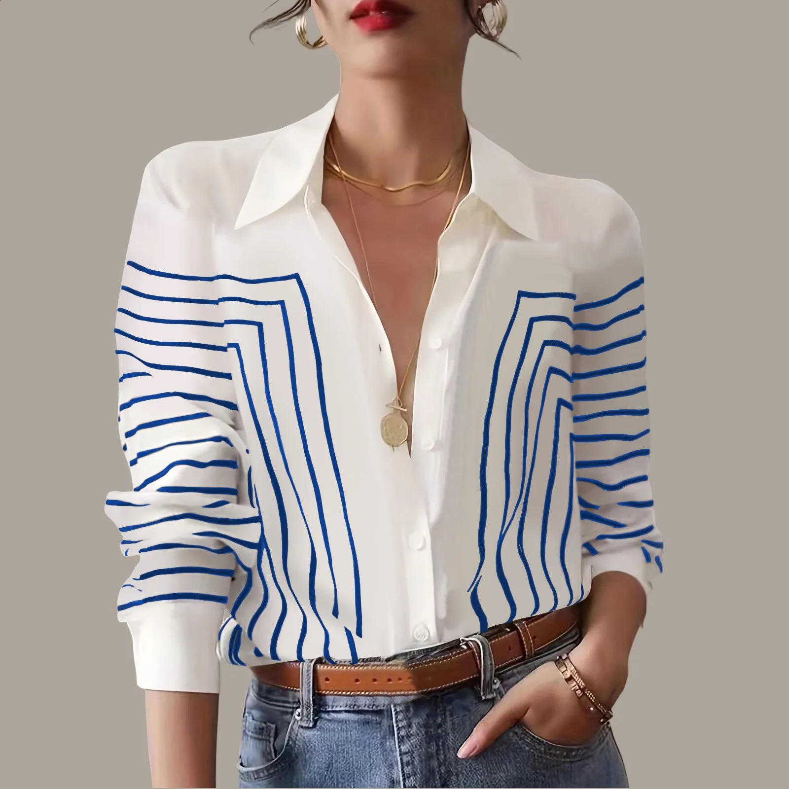 Womens casual lapel cotton linen loose shirt retro Harajuku solid shirt elegant long sleeved button up top for office ladies tuning 250318