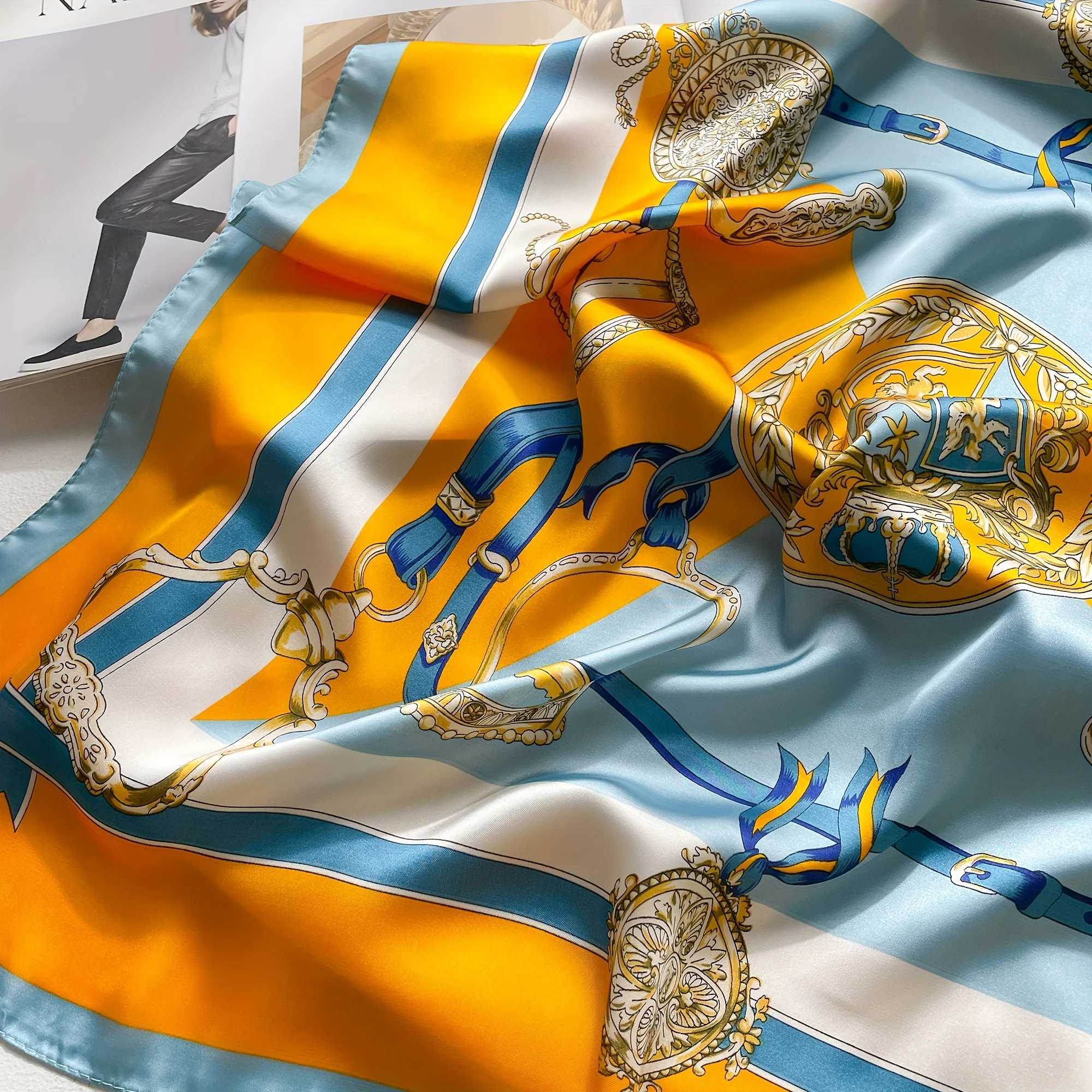 Elegant satin square scarf orange and blue altar print imitating silk scarf breathable and windproof fashionable accessory X250319