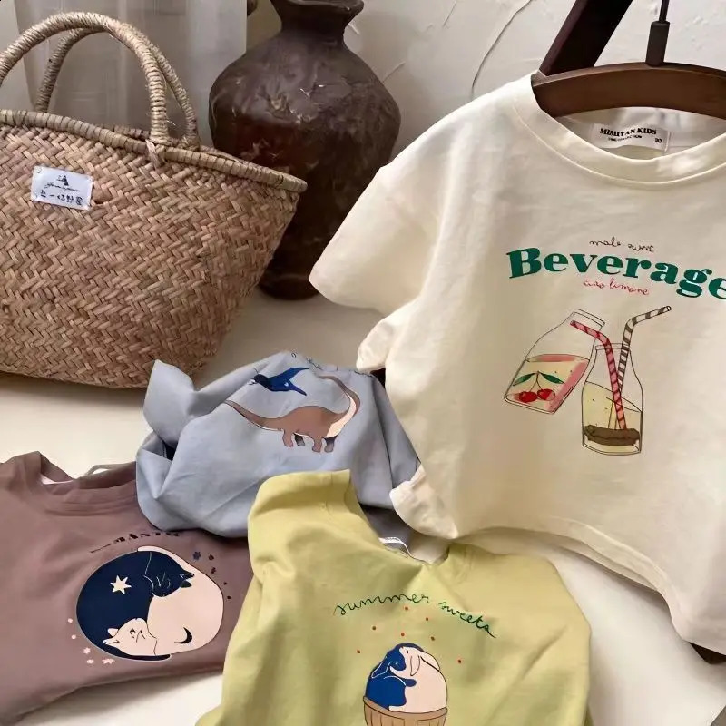 Child Pure Cotton Short Sleeve Tops Cartoon Print Pullover Shirt Kids Summer Fashion Casual Sports Loose Crew Neck Tees 250319