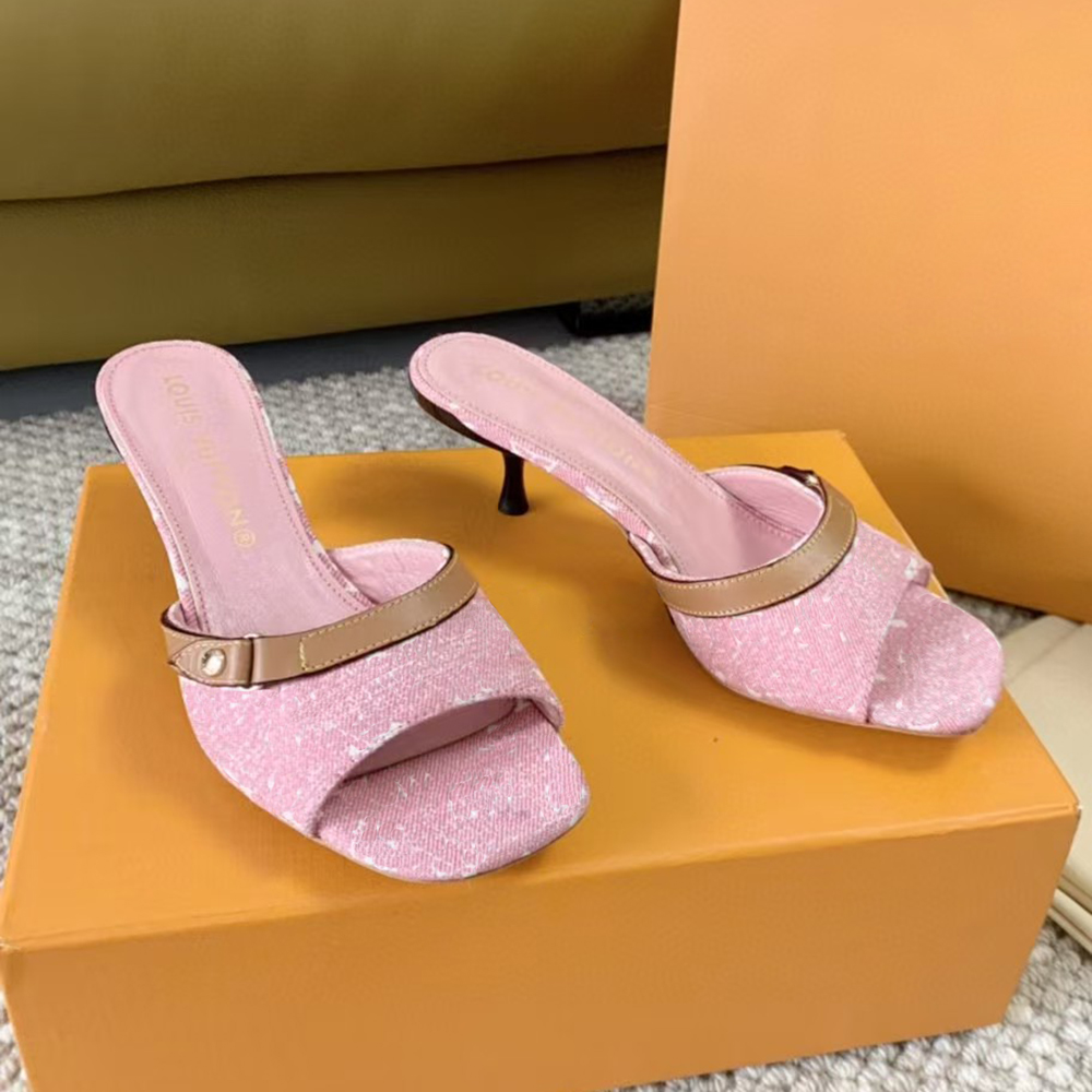Elegant Ladies' Denim Jacquard Weave Slides Mules sandals Open Toes Designer Evening Footwear with Optional 5cm or 10cm Heel Height factory footwear With box