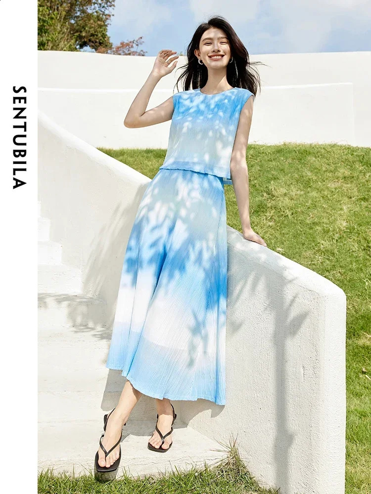 SENTUBILA Women Summer Skirt Set 2025 Blue White Gradient Cropped Tank Top Flowy Midi Skirt Womens Vacation Outfits 142Z54315 250318
