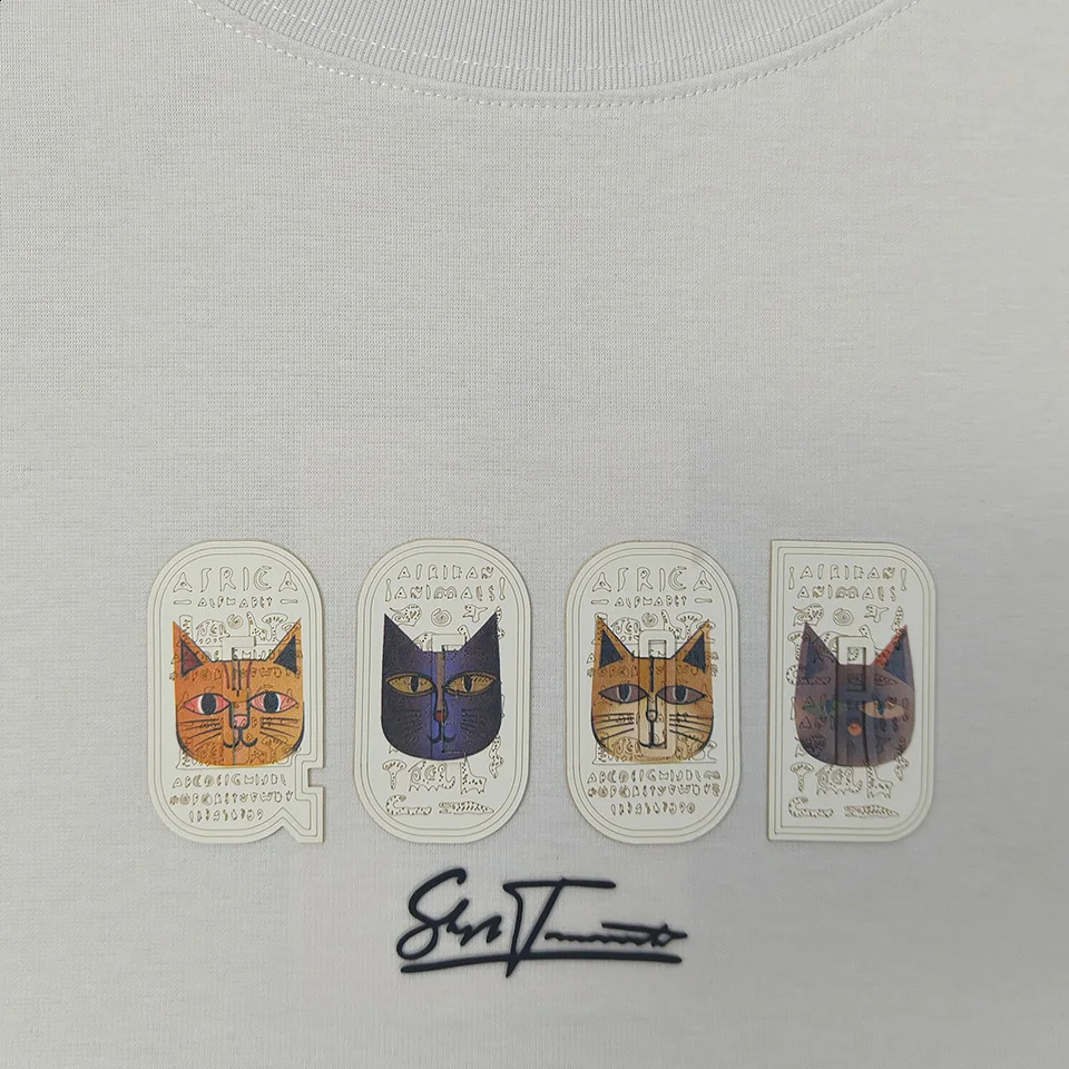 Men Cat Patch Loose 70%Cotton T-Shirt Soft Casual Streetwear Top with Colorful Appliques Cute Comfy Lounge Tee for Women 250319