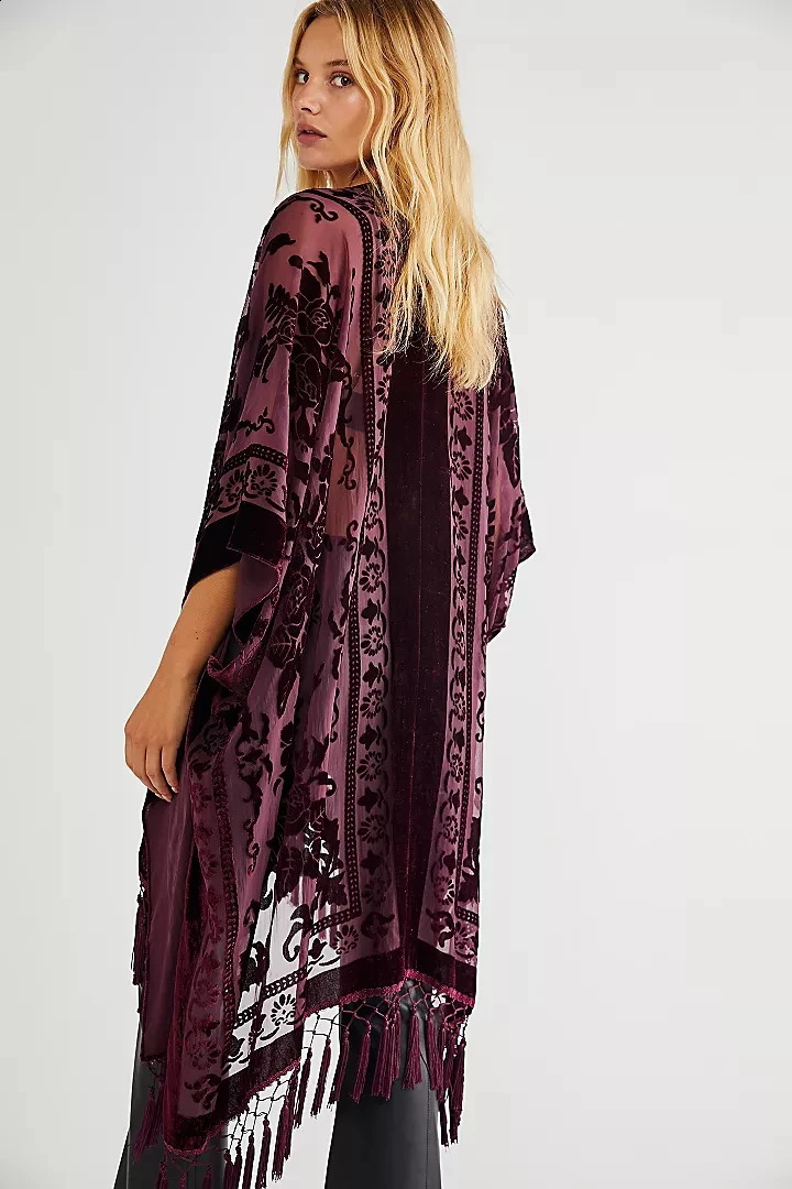 WeHello Bohemian burnt plush kimono Womens long Purple Tassel Beach Cover-up Holiday Casual Cardigan Shawl JYPF-20 250319
