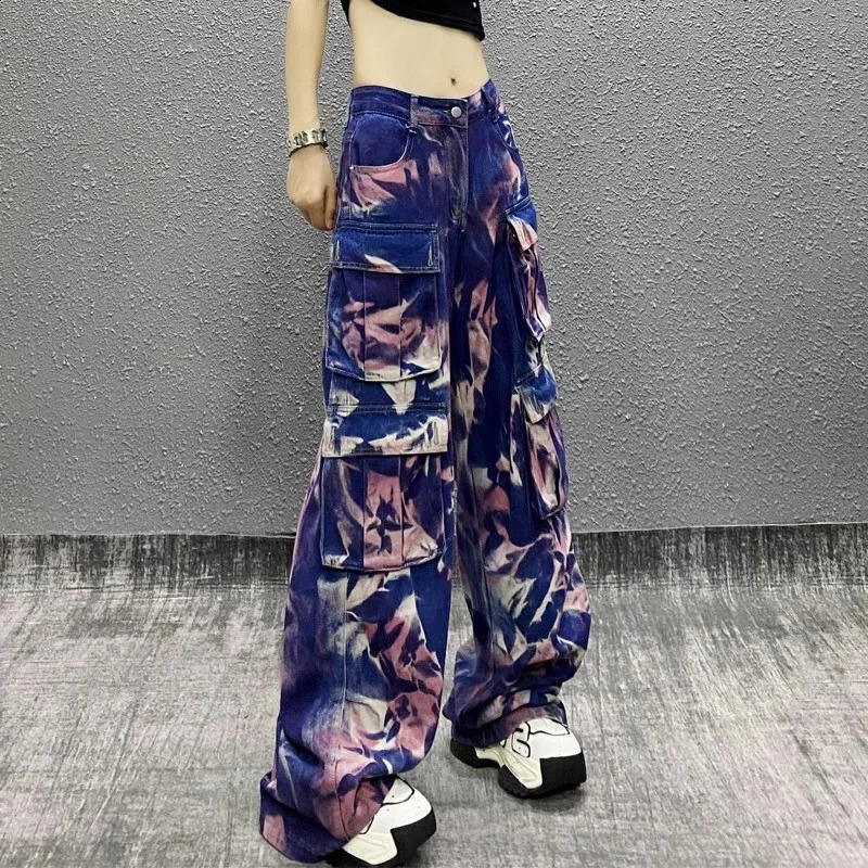 #2201 Tie Dye Printed Wide Leg Jeans Women Streetwear Long Cargo Side Pockets Loose Straight Denim Female Hip Hop 250317