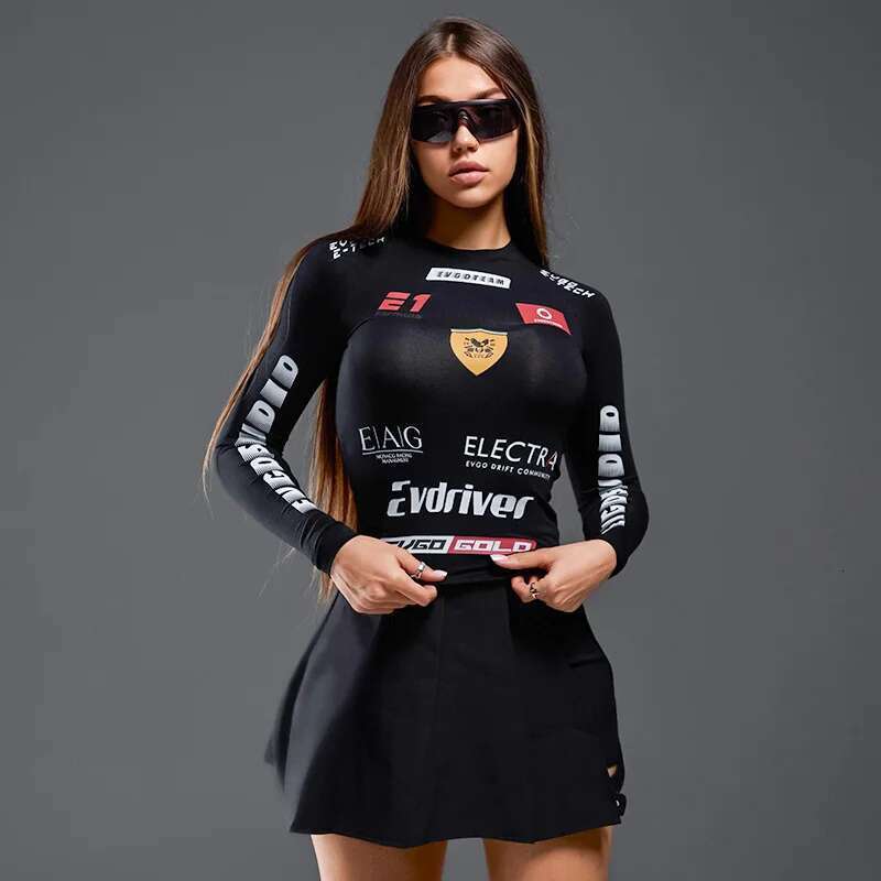 European American Spice Girls 2024 Autumn Motorcycle Wind Letter Printed Round Neck Long Sleeve Slim Women Individuality Blouse