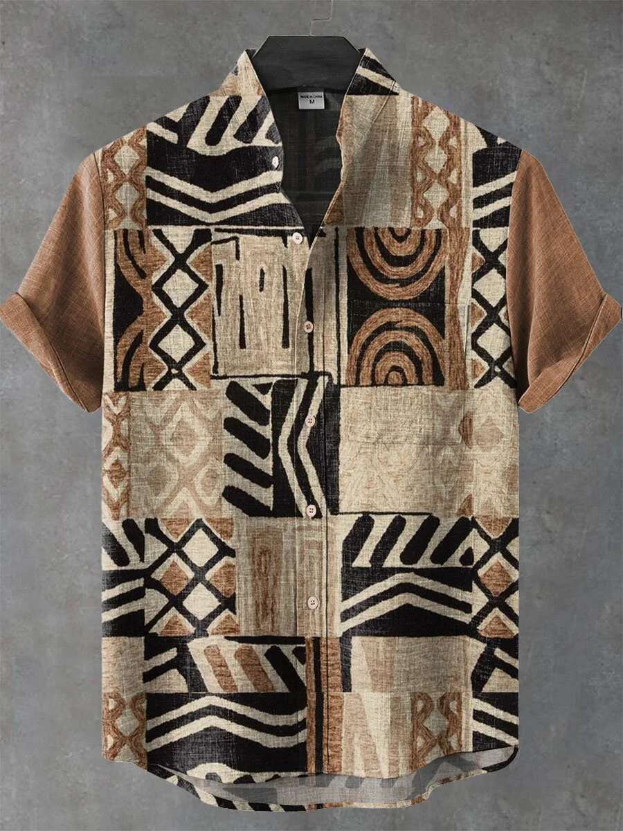 2025 Vintage African Style Retro Ethnic Tribal Short Sleeve Tops Fashion Casual Vacation Streetwear Men's Shirt