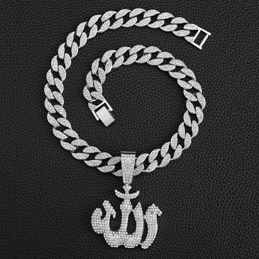 Iced Out 15mm Width Cuban Link Chain With Hip Hop Alloy And Bling Rhinestone Arabic Symbols Pendant Necklace 250313