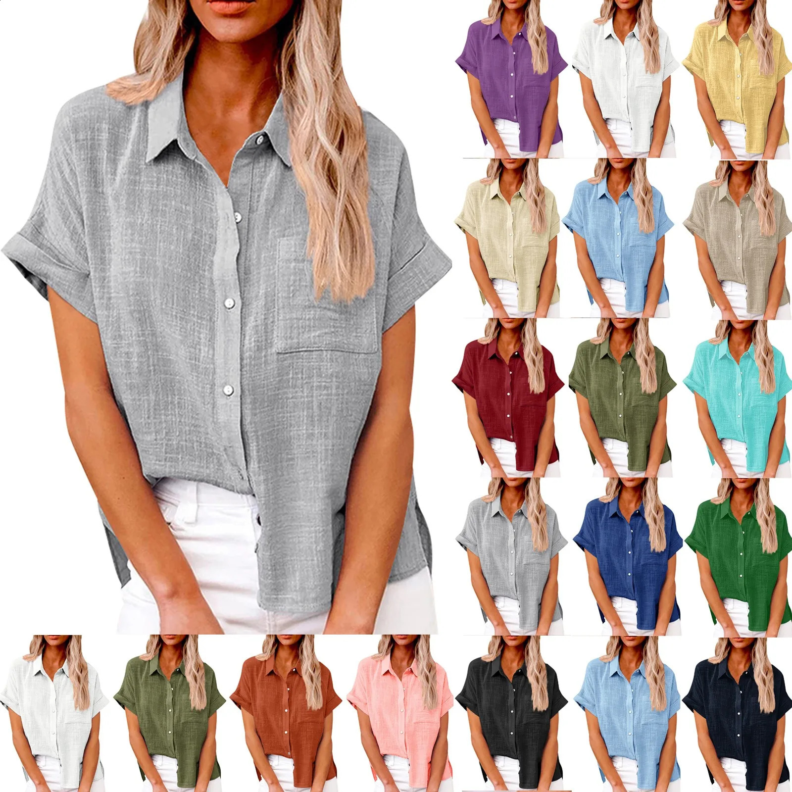 Womens simple and fashionable shirt casual classic shirt cotton linen short sleeved collar button up shirt warm top 250318