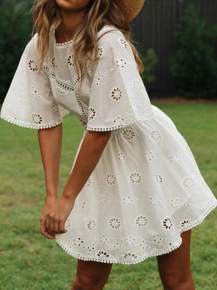 Womens white hollow backless mini dress cotton party floral embroidery casual fashion 18504 250319