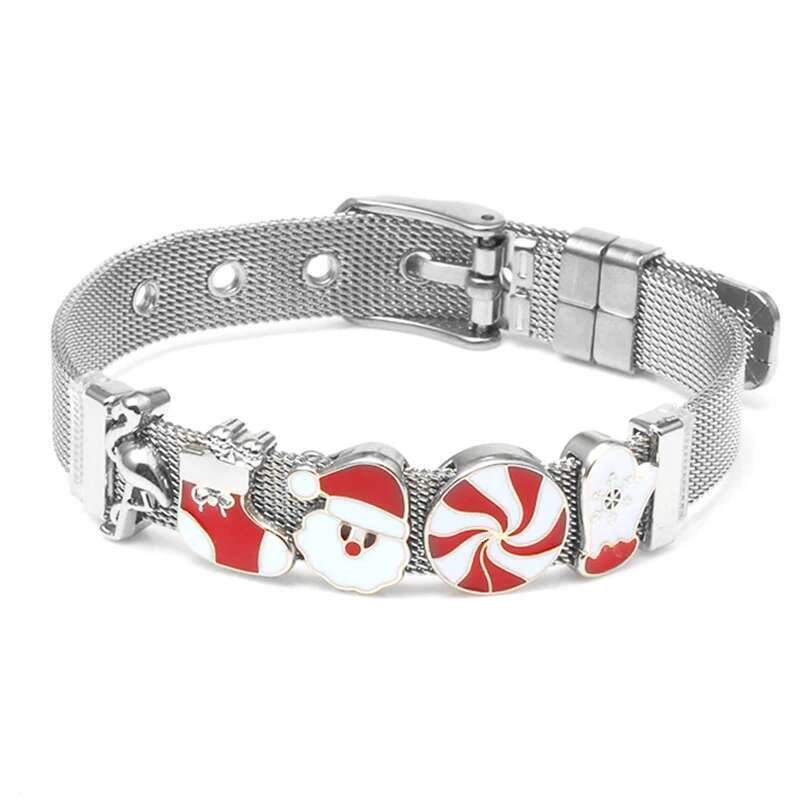 Silver Color Charm Mesh Bracelets For Women Original 10mm Santa Claus Beads Stainless Steel Bracelet Bangle 2021 Christmas Gift