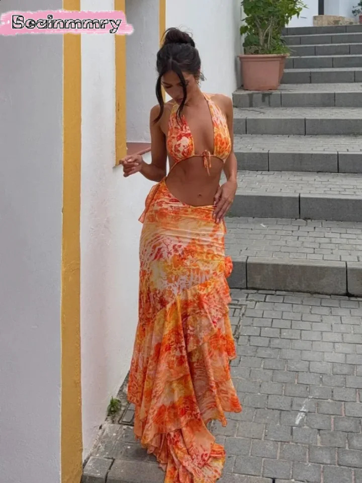 Womens printed camisole lace long skirt set sexy leopard print backless 3D floral irregular layer robe womens beach wear 250318