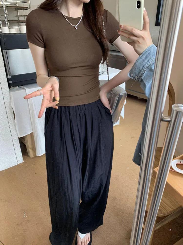 Basic Solid Crop Top Short Sleeve Crewneck Skinny T-shirt Summer Casual Tee for Women y2k Vintage Top Harajuku Streetwear 250319