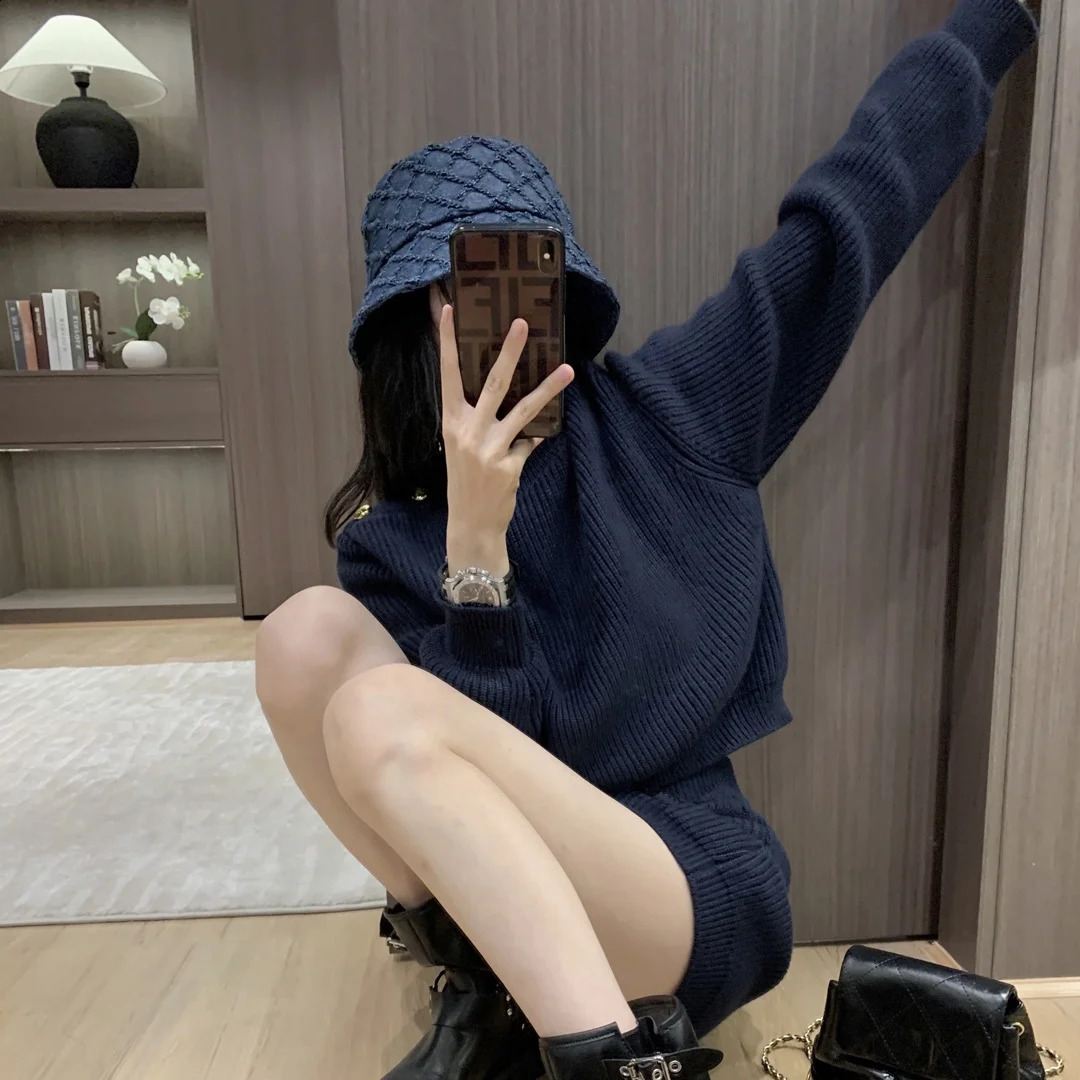 Slim Pullover Sweater Cropped Topsmini Skirt Dress Set Womens Autumn WinterTwo-piece Set Suit Outfit Y2k Streetwear 250318