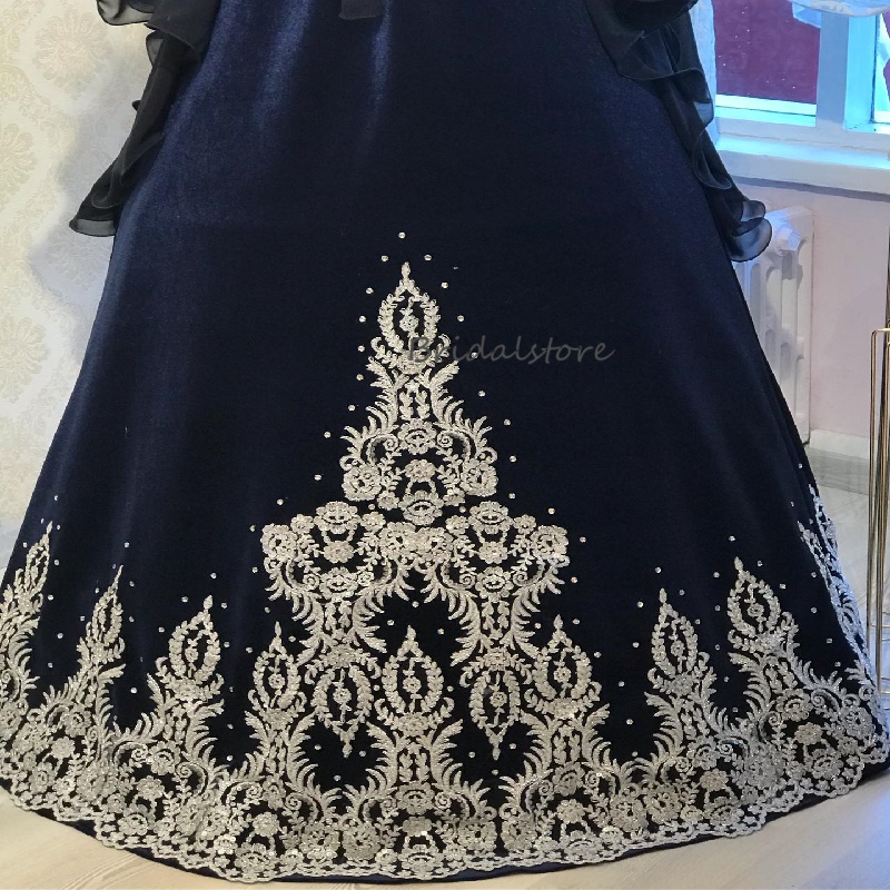 Romantic Navy Arabian Muslim Wedding Dress With Lace Retro Caftan Moroccan Turkish Bride Dress Renaissance Arabic Dubai Abaya Bridal Vestido De Noiva 