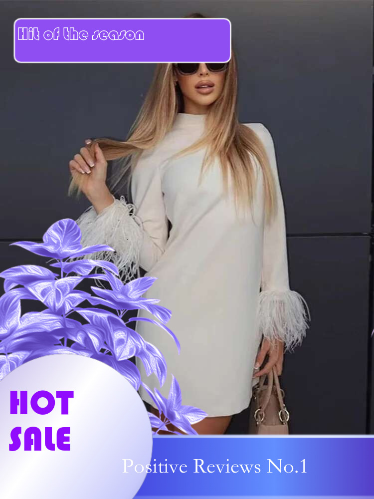 dongdumaoyi Chic Feather Decor Women Dresses Elegant High Neck Full Sleeve Slim Female Mini Dress Fashion Evening Lady Hip Package Robe