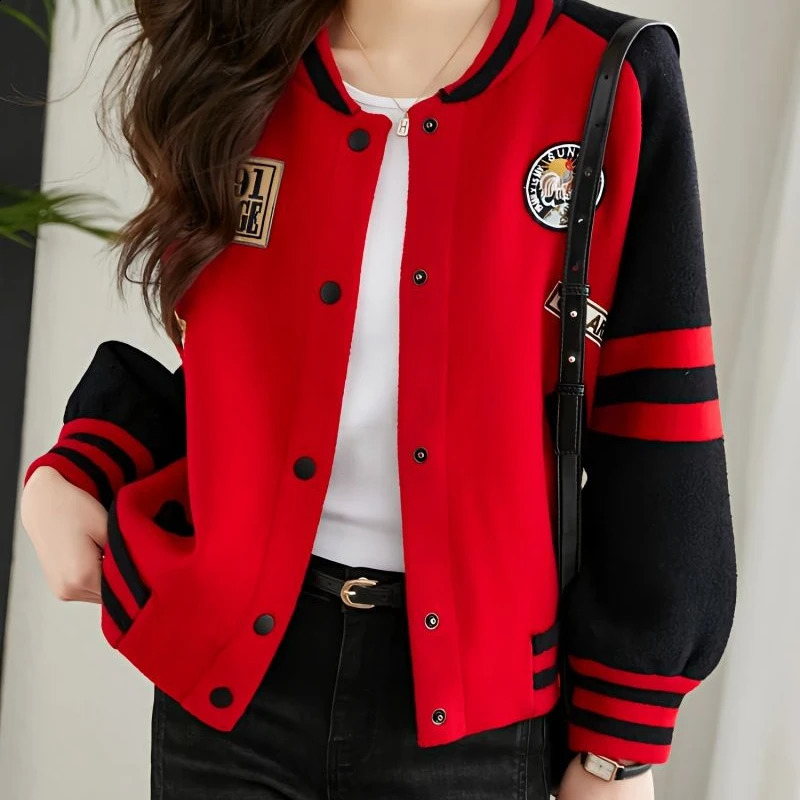 Pure Cotton Early Spring Short Baseball Jacket Loose Fit Westernstyle Patch Fabric Long Sleeved Niche Red Top Women 250317