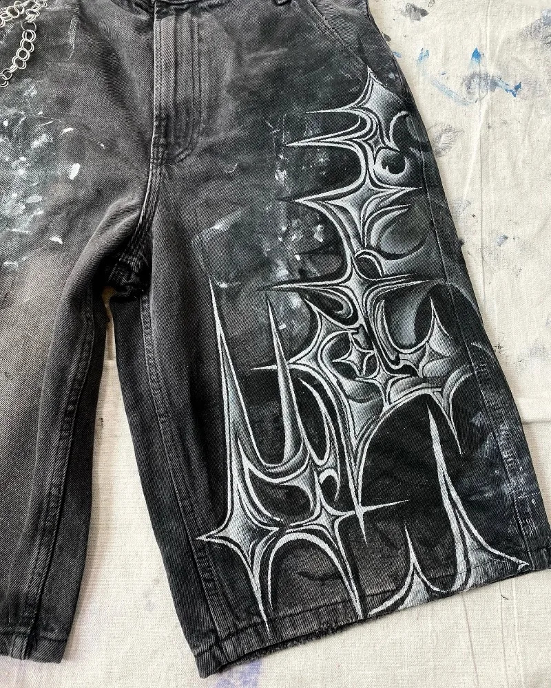 Y2K Harajuku Fashion Oversized Geometric Print Denim Short Men Vintage Gothic Hip Hop Casual Joker High Waist Shorts 250319