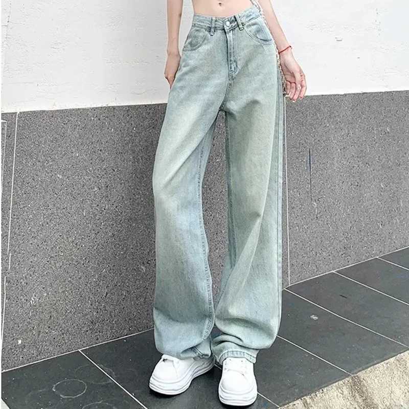INS Distress Washed High Waist Loose Straight Leg Jeans Fashion Womens Light Blue Student Straight Leg Trouser Large Size XS-2XLT250319