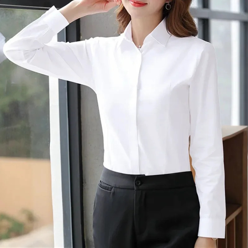 Elegant womens shirt white long sleeved office business pink button solid work top 250319