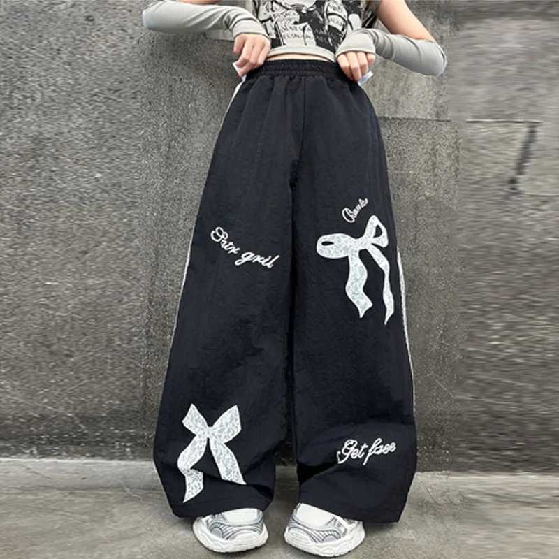 Girls printed bow pants big childrens spring fashion lace touch childrens loose casual pants autumn youth wide leg touch 5-14YT250318