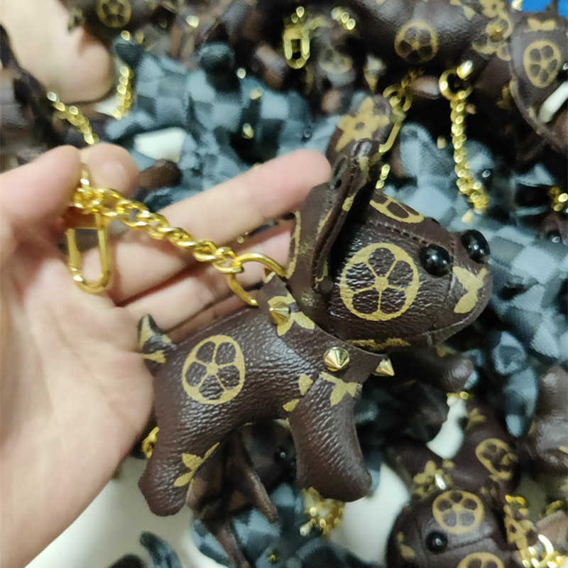 Keychains Lanyards Classic Chessboard Pattern Fighting Dog Five Flowers 9cm Small Bag Keychain Pendant H250318