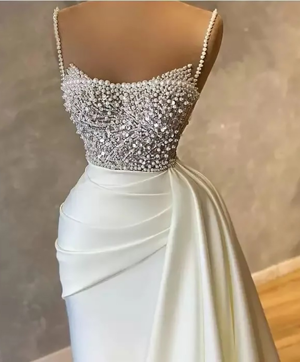 Evening Dresses Party Prom Gown Graduation Homecoming Cocktail Formal Trumpet Scoop Sleeveless Sweep Train Ivory White Pearls Pleat Plus Size Custom