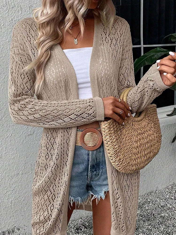 Fashionable and elegant hollow knitted sweater solid color V-neck perforated sweater womens top cardigan sweater 250318
