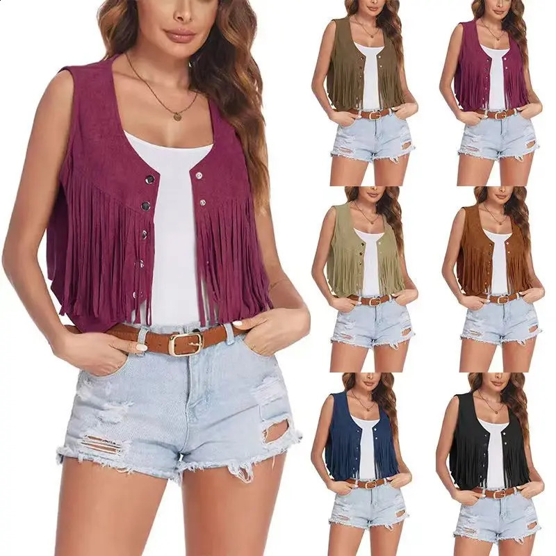 Womens summer retro trend loose tassel vest short jacket ethnic casual metal button coat fully matched elegant sleeveless top 250319