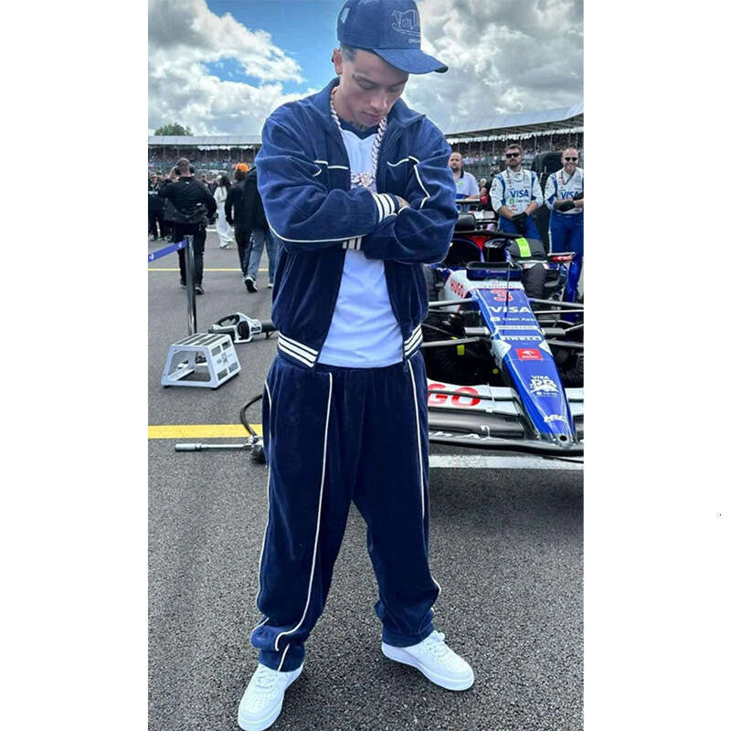 HMP British Hip Hop Street Velvet Stand up Collar Jacket, Men's Trendy Brand Casual Set, Centralee Same Style