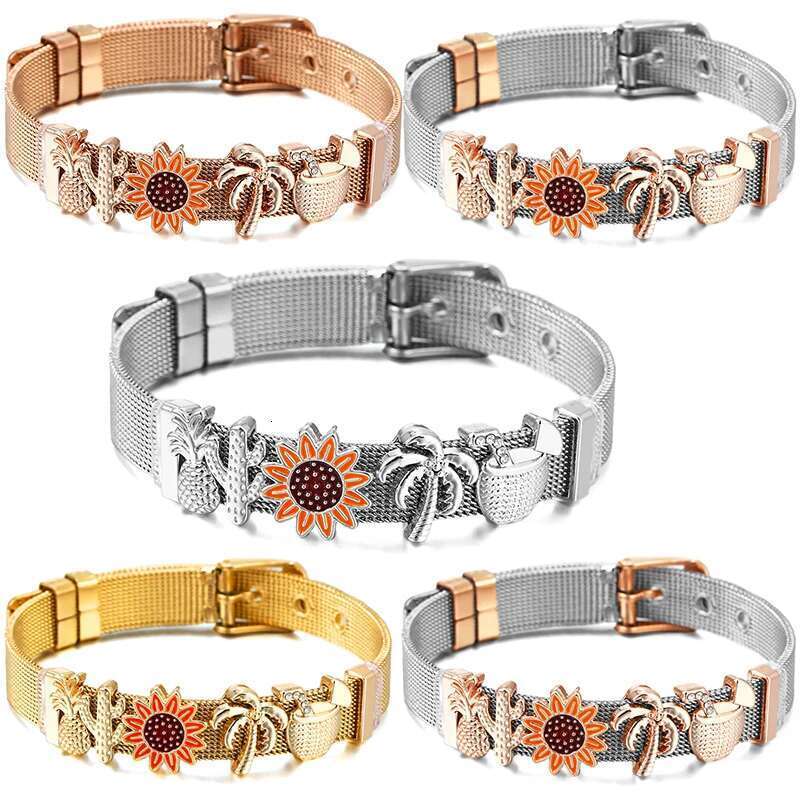 Summer Vacation Series 10mm Beads Charm Bracelets DIY Stainless Steel Mesh Bracelets Pulseras Mujer For Women Men Jewelry Gift