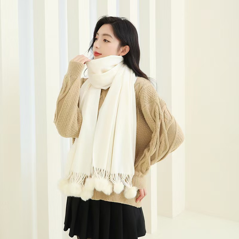 K168 Fur ball scarf for women autumn and winter all-match wool cashmere scarf shawl high-grade pure color new imitation cashmere scarf