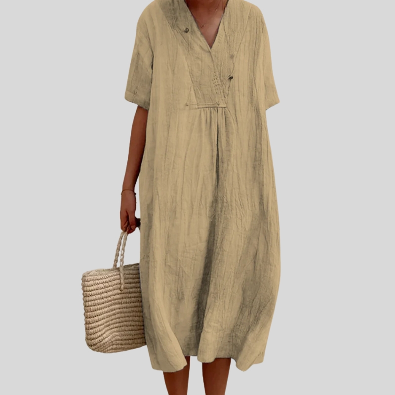 Cotton and linen spot women's clothing solid color, big V-neck fashion style loose short-sleeved dress