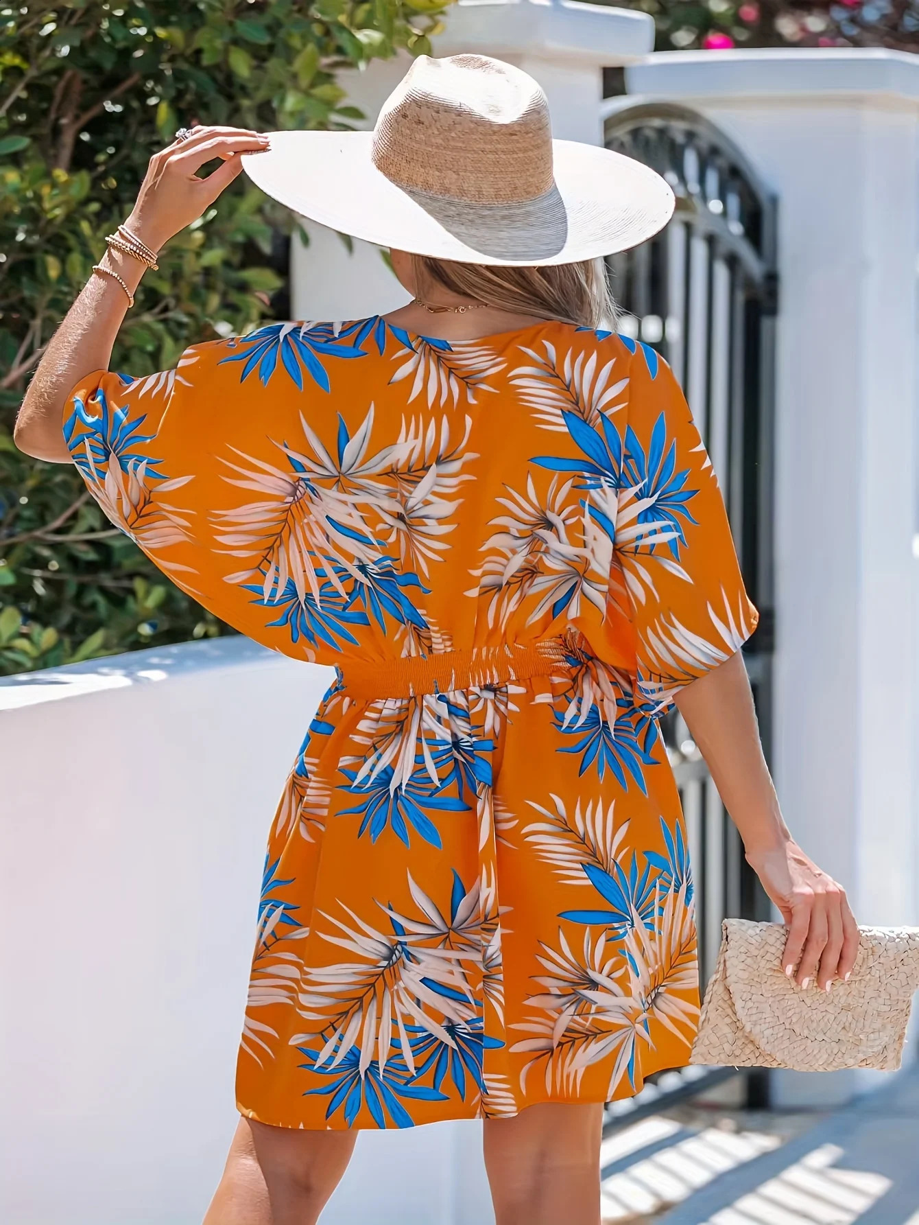 Large size springsummer vacation beach style leaf print dress waist lightweight and breathable essential fabric for 250319