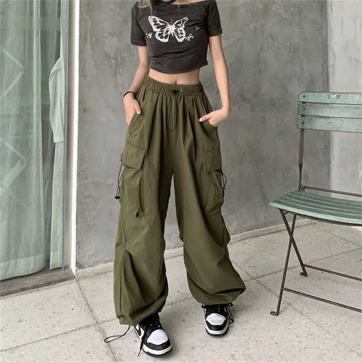 Red large pockets goods pants womens high waisted loose streetwear luggage tactical handcart fashionable hip-hop runner womens handcartT250318