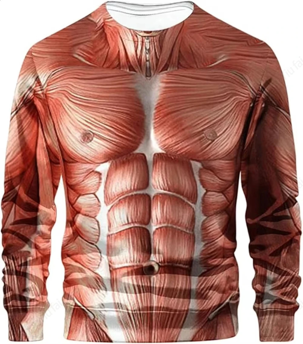 Crewneck long sleeved Tshirt 3D fun muscle body print ultrathin mens top ugly chest hair 250319