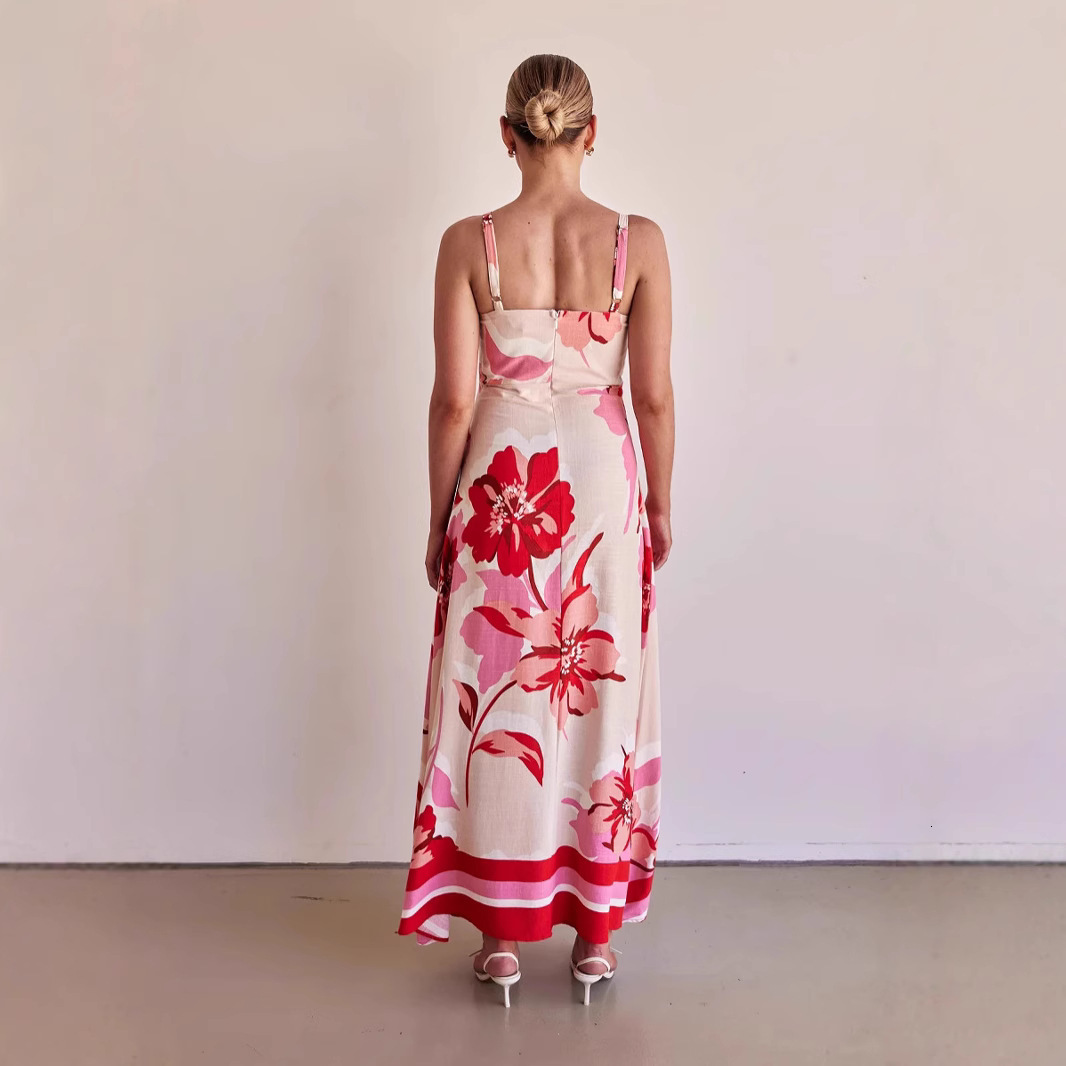 25 Year New Women's Long Skirt Vacation Style Slimming Flower Printed Strap Dress -68531