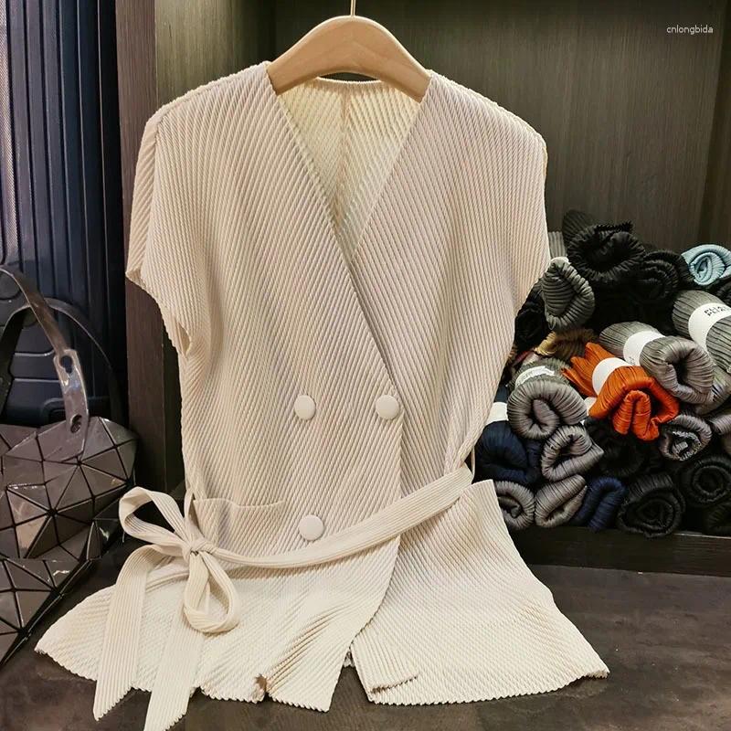 Women's Vests Miyake Pleated Jacket Premium Feeling Button Pleat Top Peplum Loose Slim Short Sleeve Fold Women 2025 Summer