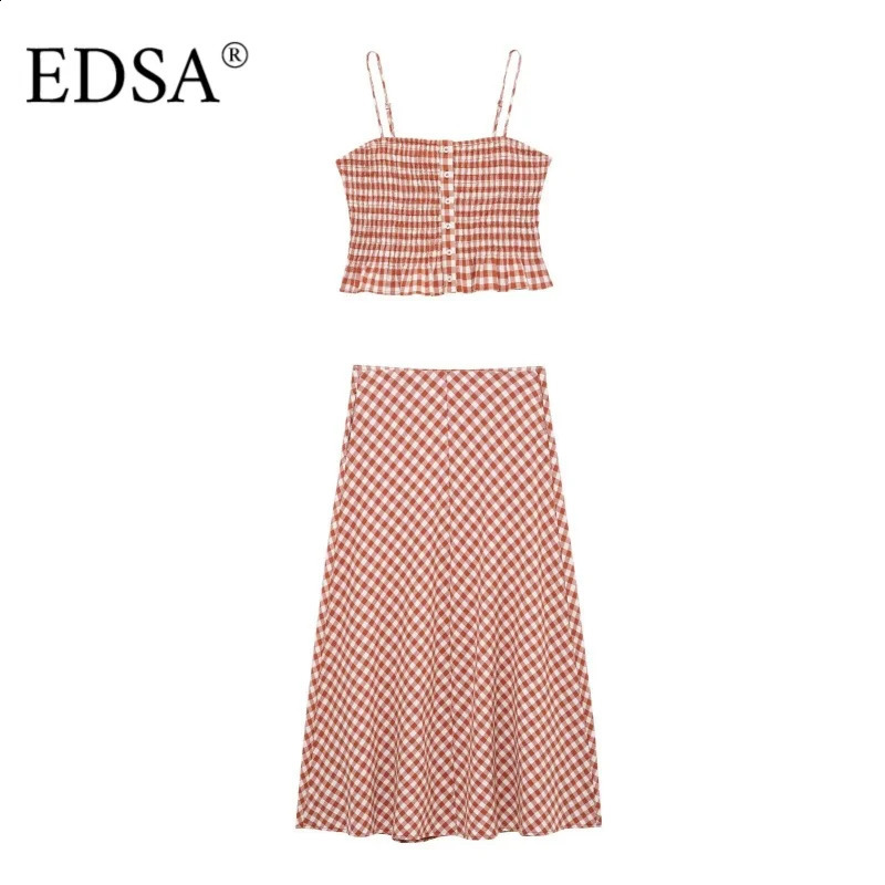 EDSA Womens Gingham Skirt Set Cut Shirt Thin Striped High Waist Straight Midi Skirts Street Suitable for Parties 250318