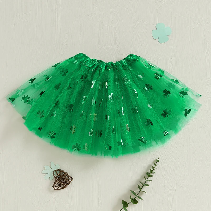 St Patrick s Day Green Clover Print Tutu Skirt for Baby Girls Elastic Waist A-Line Princess Skirt Toddler Outfit Cute Clothes 250319
