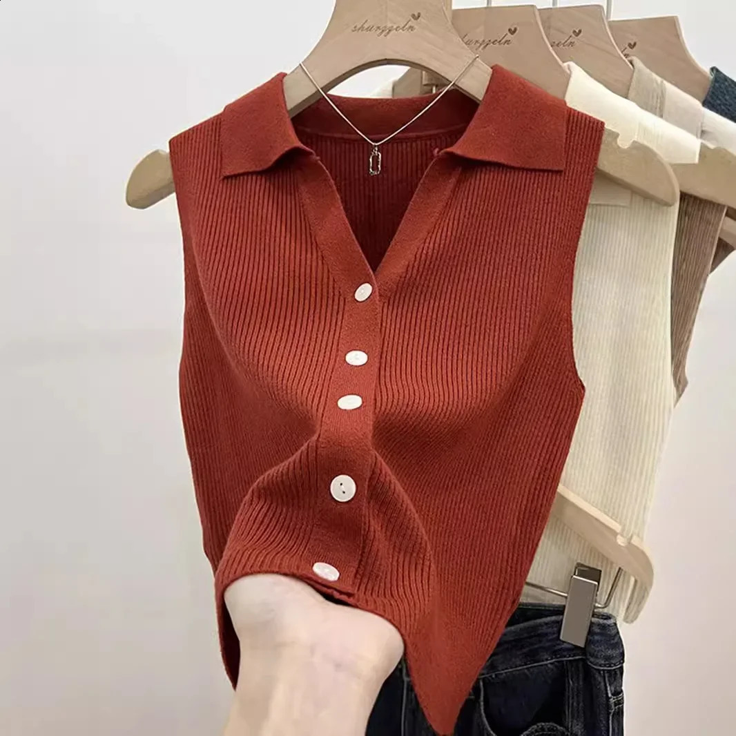 Summer Chic Ice Silk Knitpolo collar with thin eyelashes smooth silhouette vest outerwear womens shoulder sleeveless 250319