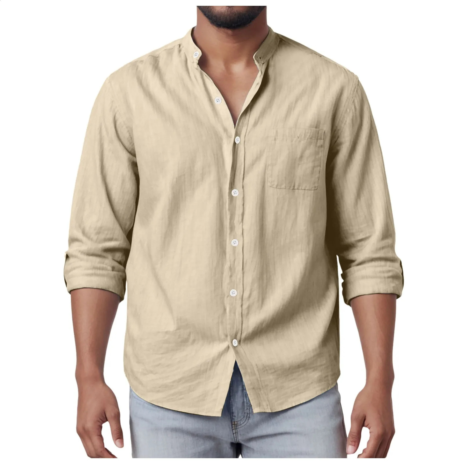 mens casual shirt cotton linen loose top long sleeved button down standing collar solid beach 250317