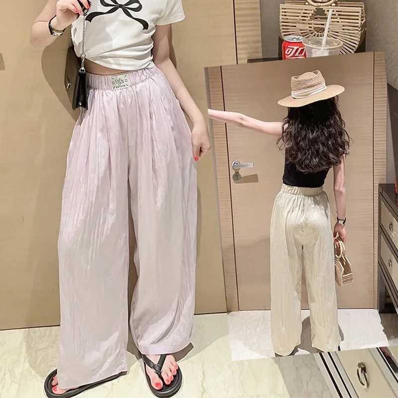 Summer Ice Silk Girls Mosquito Control Panst Kids 2025 Casual Solid Trouser Childrens Stretch Waist Wide Leg PantsT250318
